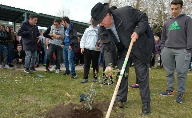 El naturalista y escritor Joaquín Araújo planta una encina en el patio del IES Galileo, esta mañana. /Gabriel Villamil