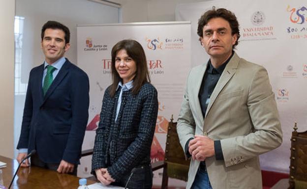 La vicerrectora de Estudiantes y Sostenibilidad, Ana Belén Ríos, acompañada del director general de Deportes de la Junta de Castilla y León, Alfonso Lahuerta Izquierdo, y del director del Servicio de Educación Física y Deportes de la Universidad de Salamanca (SEFyD), Alberto Rincón. /USAL