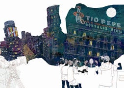 Muñiz abre su 'ojo de pez' de ilustrador para que Gran Vía y Puerta del Sol quepan en la misma imagen./
