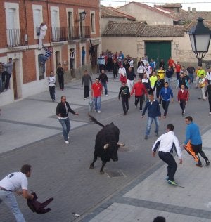 los jóvenes citan, ayer, a uno de los astados del encierro de Traspinedo. ::
J. FERNÁNDEZ/