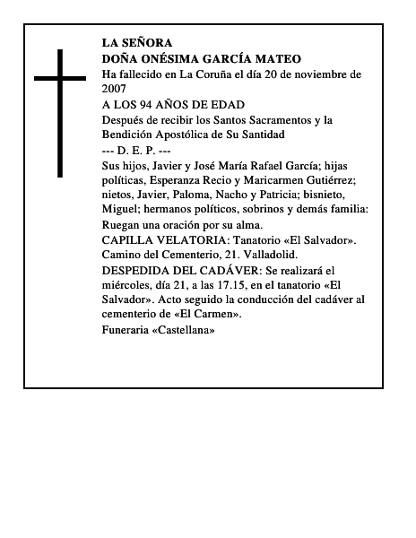 DOÑA ONÉSIMA GARCÍA MATEO