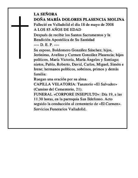 DOÑA MARÍA DOLORES PLASENCIA MOLINA