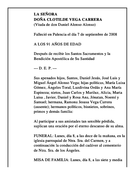 DOÑA CLOTILDE VEGA CARRERA
