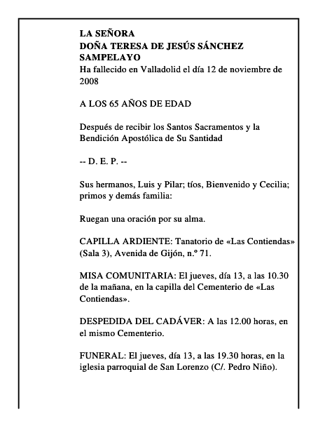 DOÑA TERESA DE JESÚS SÁNCHEZ SAMPELAYO