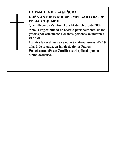 DOÑA ANTONIA MIGUEL MELGAR (VDA. DE FÉLIX VAQUERO)