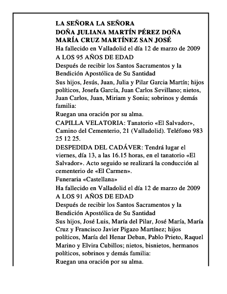 DOÑA JULIANA MARTÍN PÉREZ DOÑA MARÍA CRUZ MARTÍNEZ SAN JOSÉ