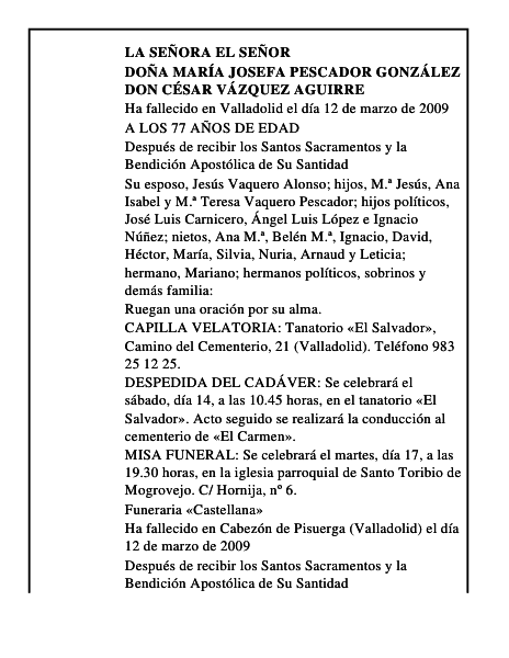 DOÑA MARÍA JOSEFA PESCADOR GONZÁLEZ DON CÉSAR VÁZQUEZ AGUIRRE