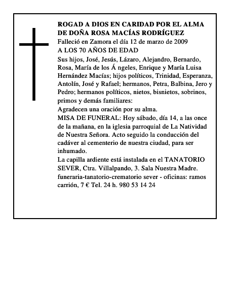 ROGAD A DIOS EN CARIDAD POR EL ALMA DE DOÑA ROSA MACÍAS RODRÍGUEZ