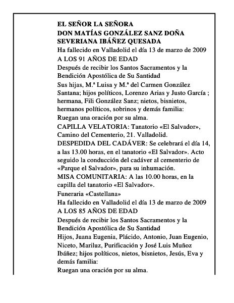 DON MATÍAS GONZÁLEZ SANZ DOÑA SEVERIANA IBÁÑEZ QUESADA