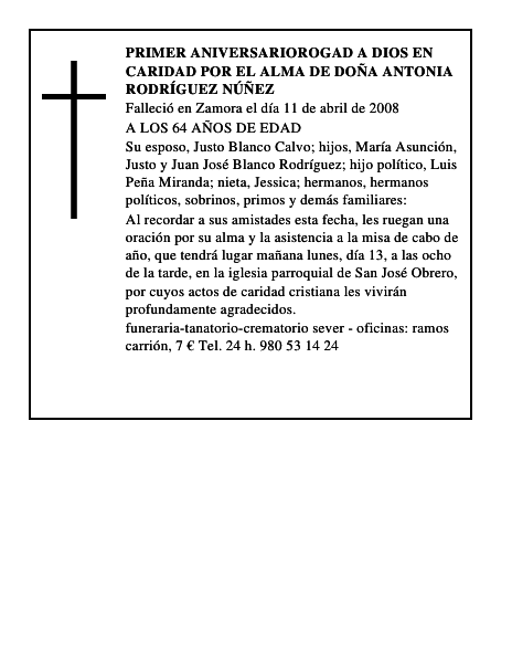 PRIMER ANIVERSARIOROGAD A DIOS EN CARIDAD POR EL ALMA DE DOÑA ANTONIA RODRÍGUEZ NÚÑEZ