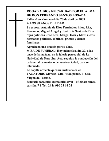 ROGAD A DIOS EN CARIDAD POR EL ALMA DE DON FERNANDO SANTOS LOSADA