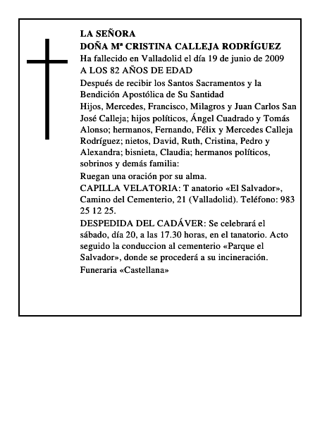 DOÑA Mª CRISTINA CALLEJA RODRÍGUEZ