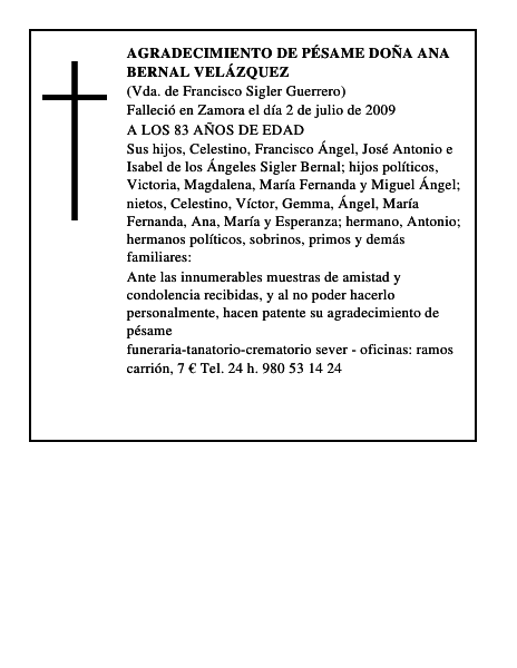 AGRADECIMIENTO DE PÉSAME DOÑA ANA BERNAL VELÁZQUEZ