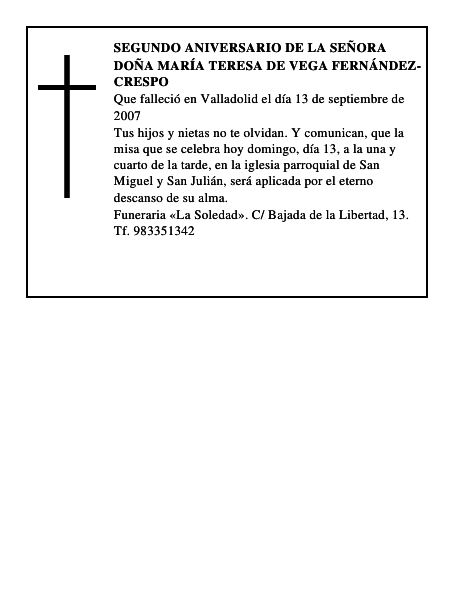 DOÑA MARÍA TERESA DE VEGA FERNÁNDEZ-CRESPO