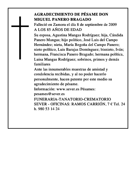 AGRADECIMIENTO DE PÉSAME DON MIGUEL PANERO BRAGADO