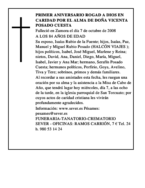 PRIMER ANIVERSARIO rogad a dios en caridad por el alma de DOÑA VICENTA POSADO CUESTA