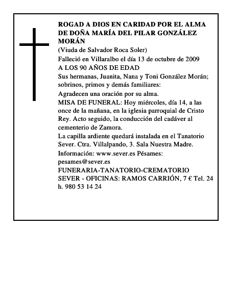 ROGAD A DIOS EN CARIDAD POR EL ALMA DE DOÑA MARÍA DEL PILAR GONZÁLEZ MORÁN