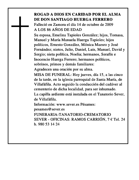 ROGAD A DIOS EN CARIDAD POR EL ALMA DE DON SANTIAGO HUERGA FERRERO