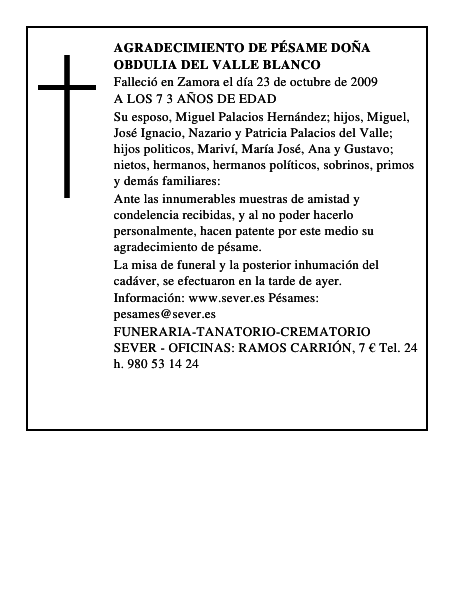 AGRADECIMIENTO DE PÉSAME DOÑA OBDULIA DEL VALLE BLANCO