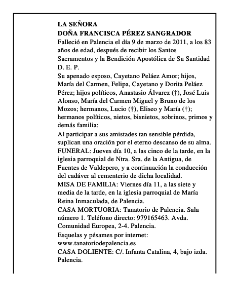 Doña Francisca Pérez Sangrador