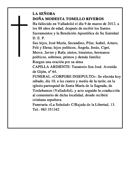 Doña Modesta Tomillo Riveros
