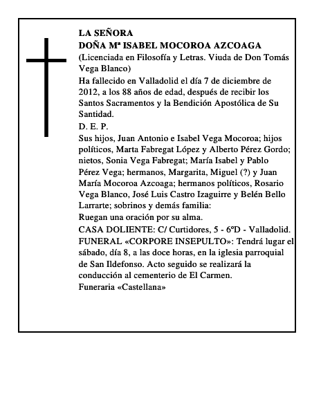 Doña Mª Isabel Mocoroa Azcoaga