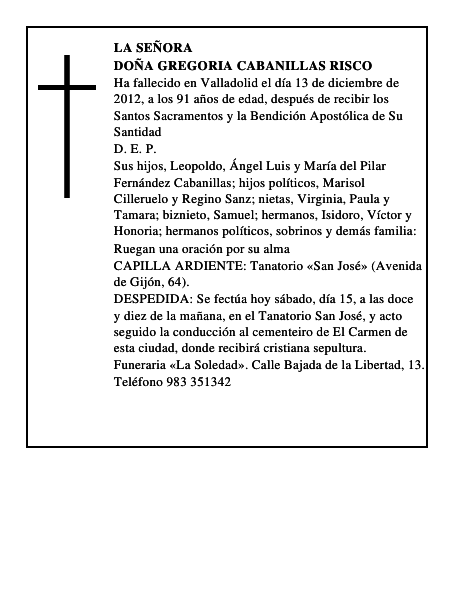 Doña Gregoria Cabanillas Risco