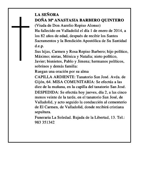 Doña Mª Anastasia Barbero Quintero
