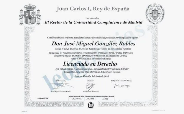 Imagen del falso título aportado por el secretario general del PP de León para justificar sus estudios de Derecho./