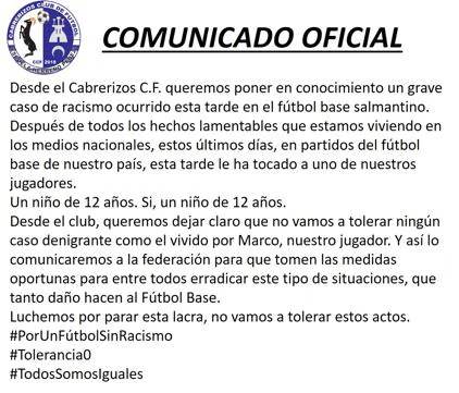 El Cabrerizos CF de Salamanca denuncia un caso de racismo con un futbolista de 12 años de su club