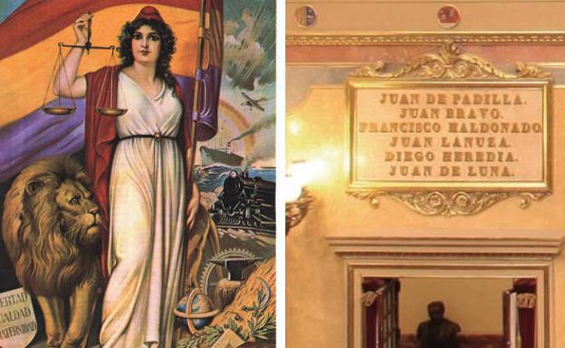 Imagen de la República donde la franja morada de la bandera tricolor pretendía simbolizar el color del pendón que los comuneros y lápida que recuerda a los revolucionarios como Beneméritos de la Patria en el Congreso de los Diputados.